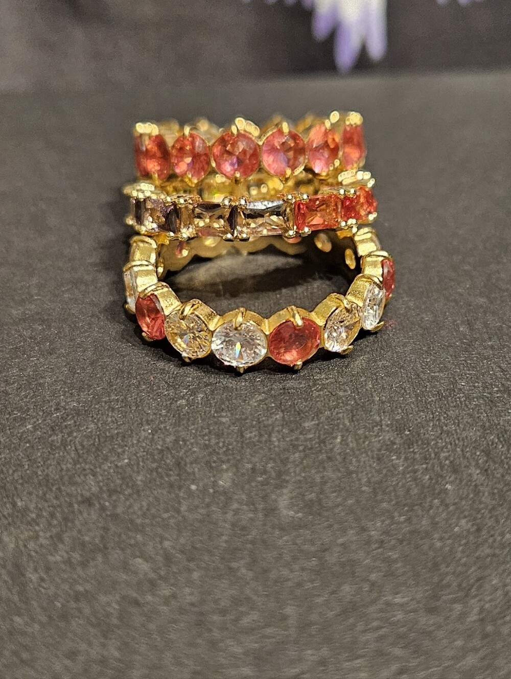 Gold-Plated Pink & Clear Crystal Stackable Rings - Picture 2 of 6